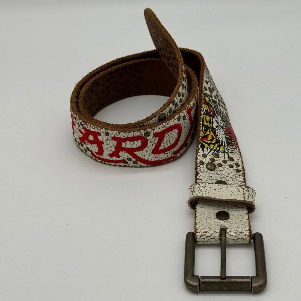 Vintage Ed Hardy Studded Leather Belt White Crackle Red Embroidered 39